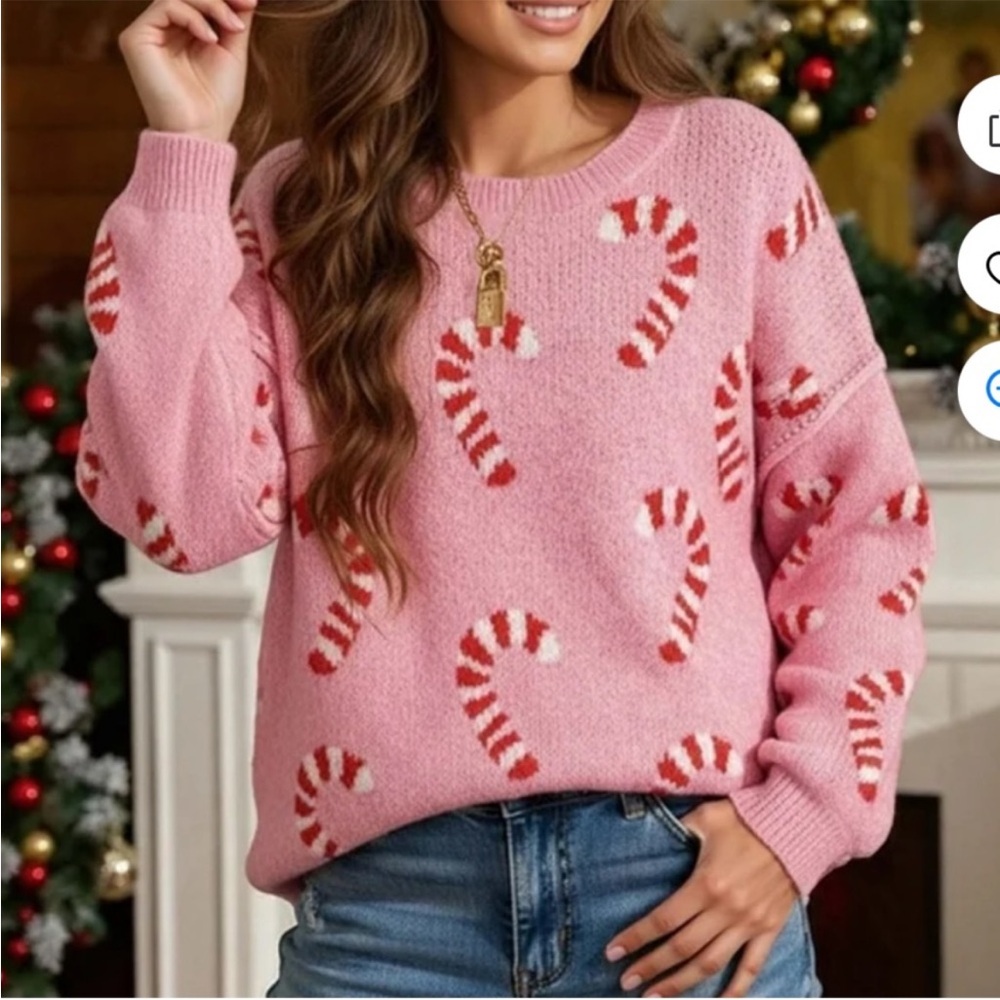 Boutique Pink Candy Cane Knit Holiday Sweater Plus Size 1XL